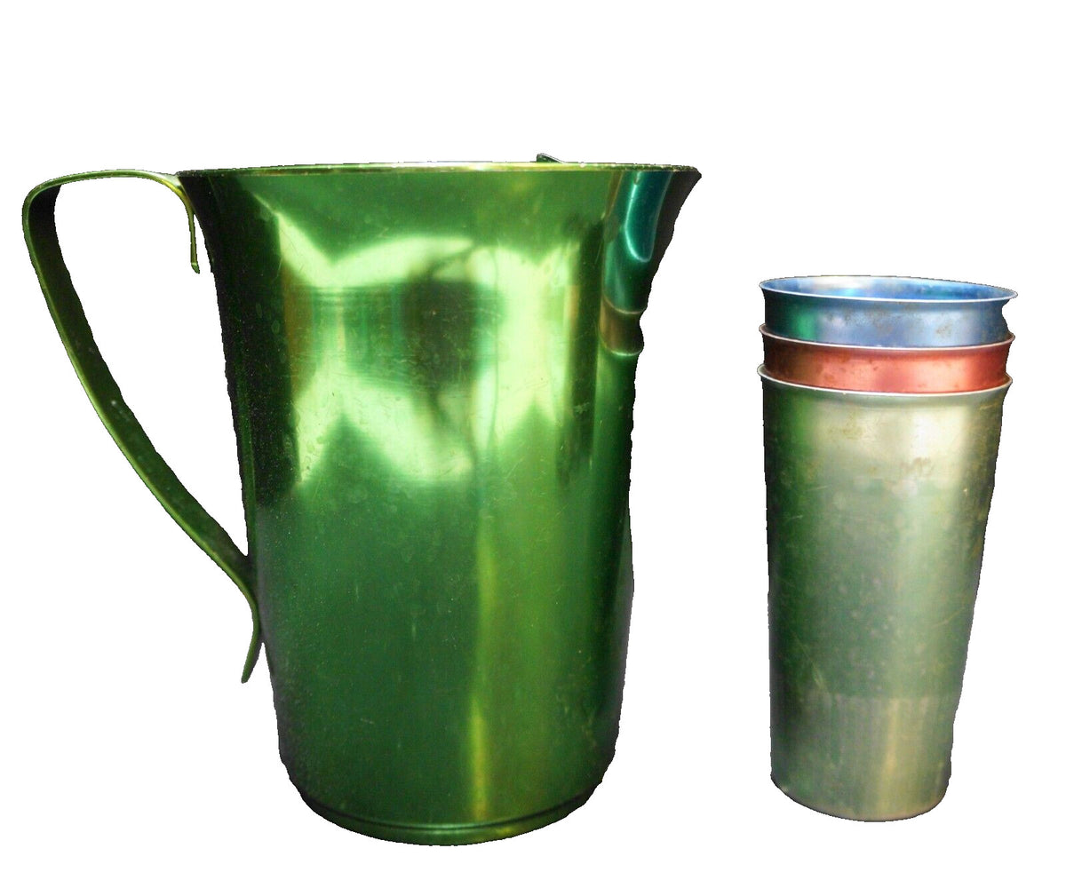 Green Aluminum Pitcher Three Colored Tumblers Set