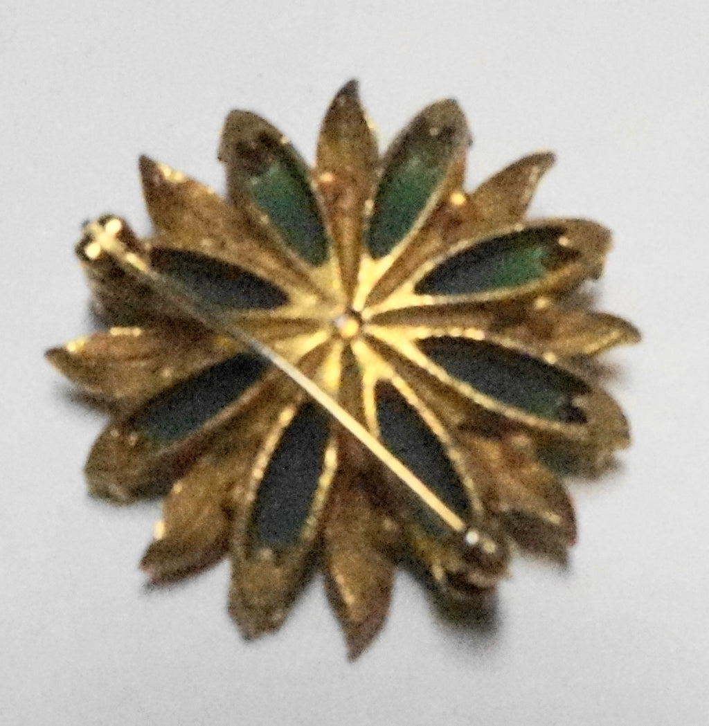 Green Glass Flower Clear Rhinestones Gold Tone Brooch Pin Unsigned