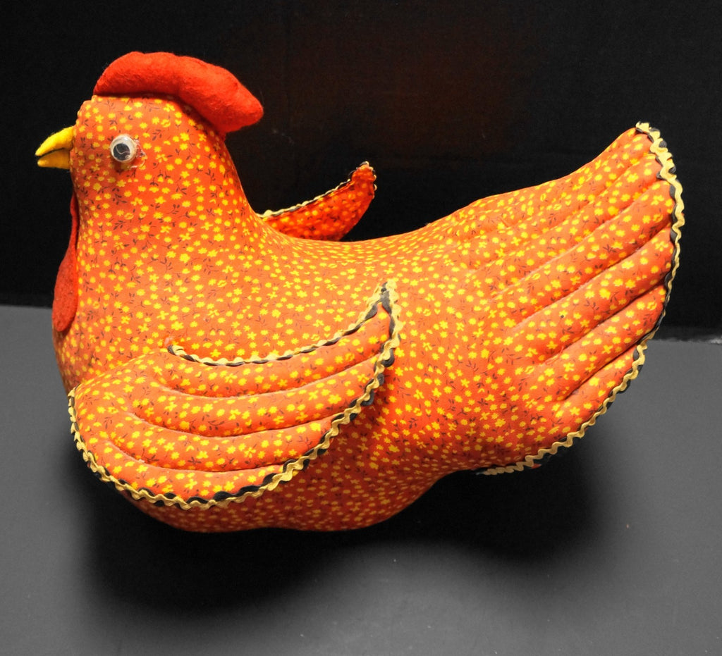 Calico Chicken Folk Art Doorstop Red Yellow Floral Print 1970s