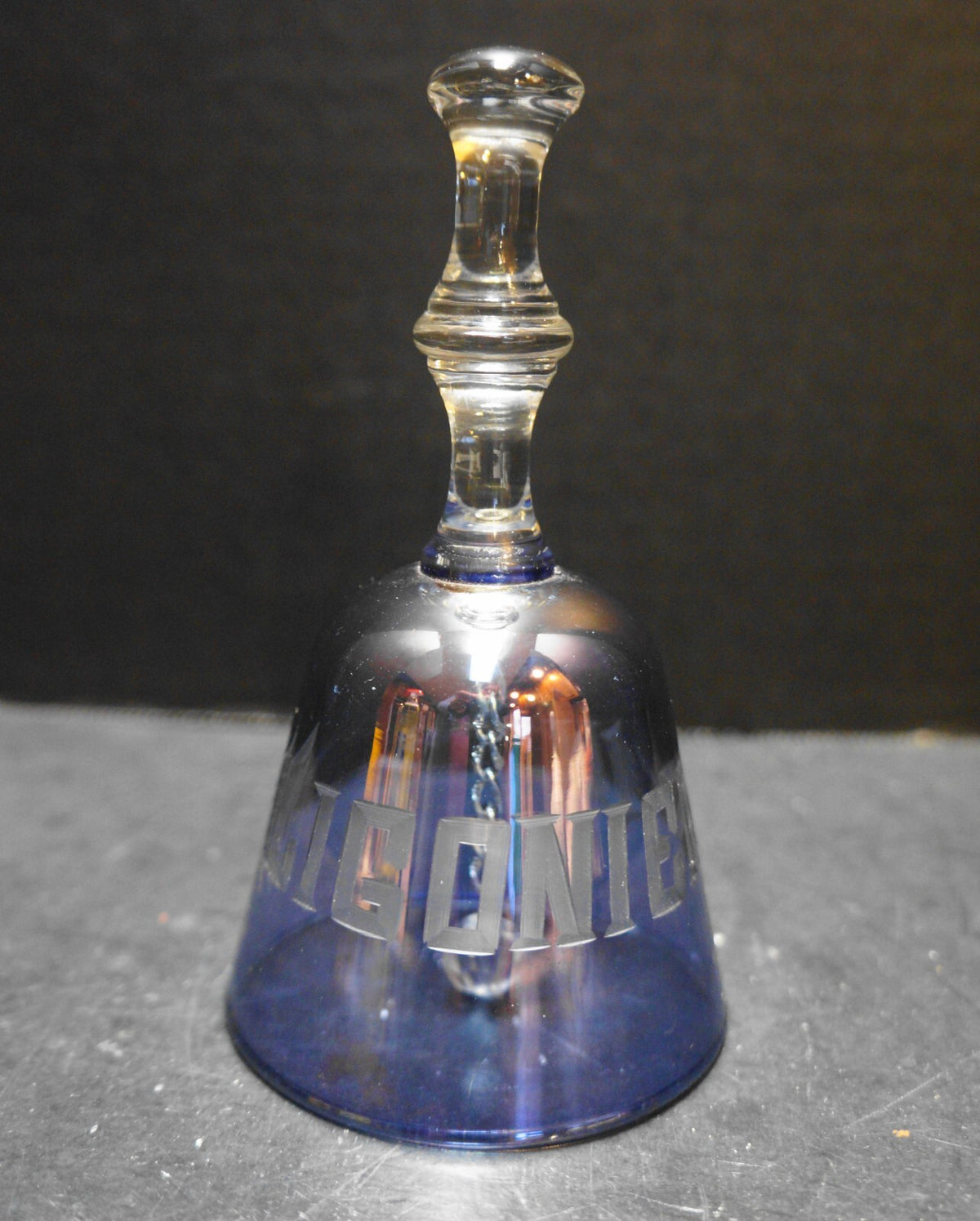 Ligonier, IN Iridescent Blue Purple Cut Glass Souvenir Bell