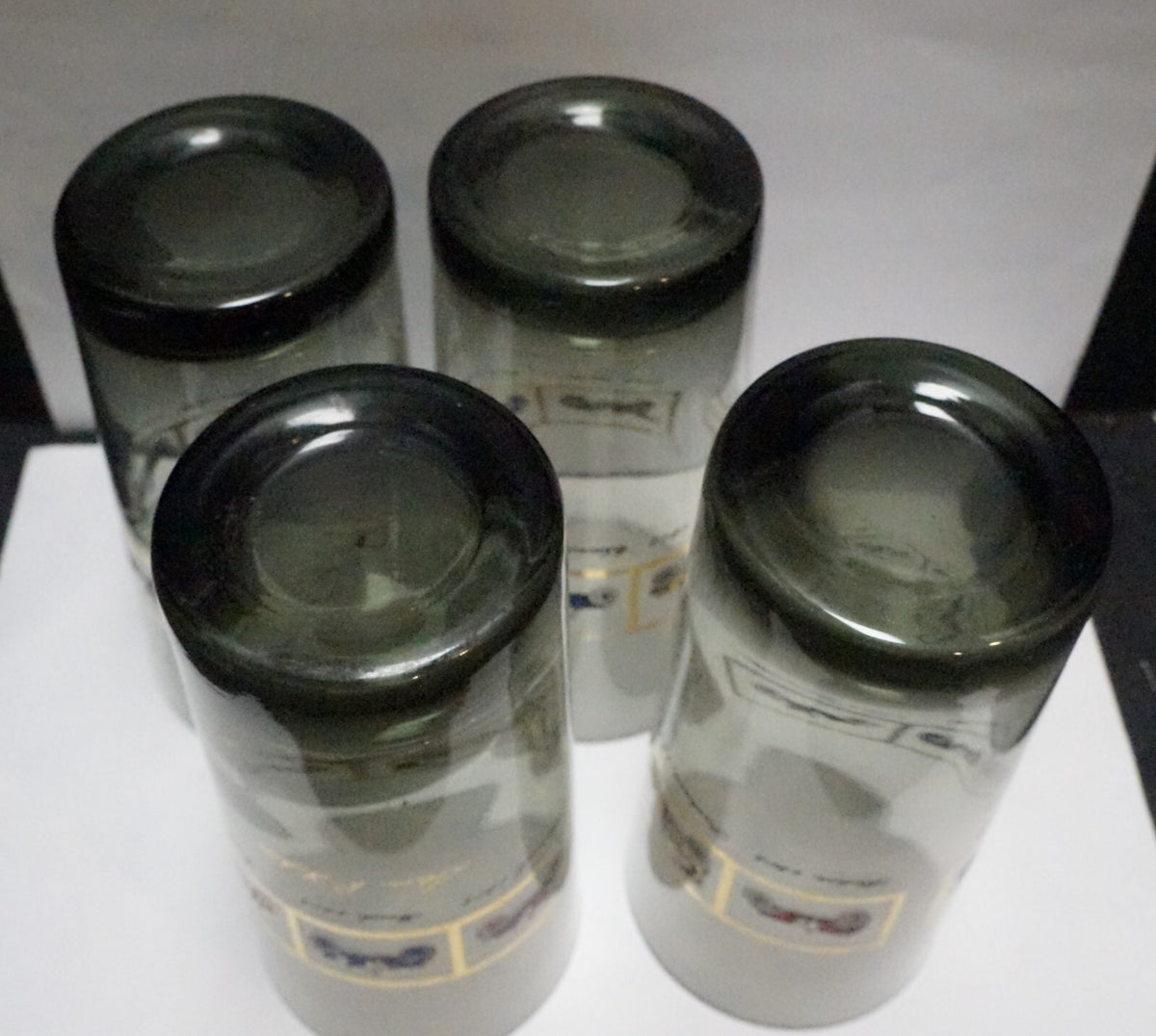 Antique Autos Pattern Smoke Gray Glass Tumblers Set of 4 Ford Hudson Packard