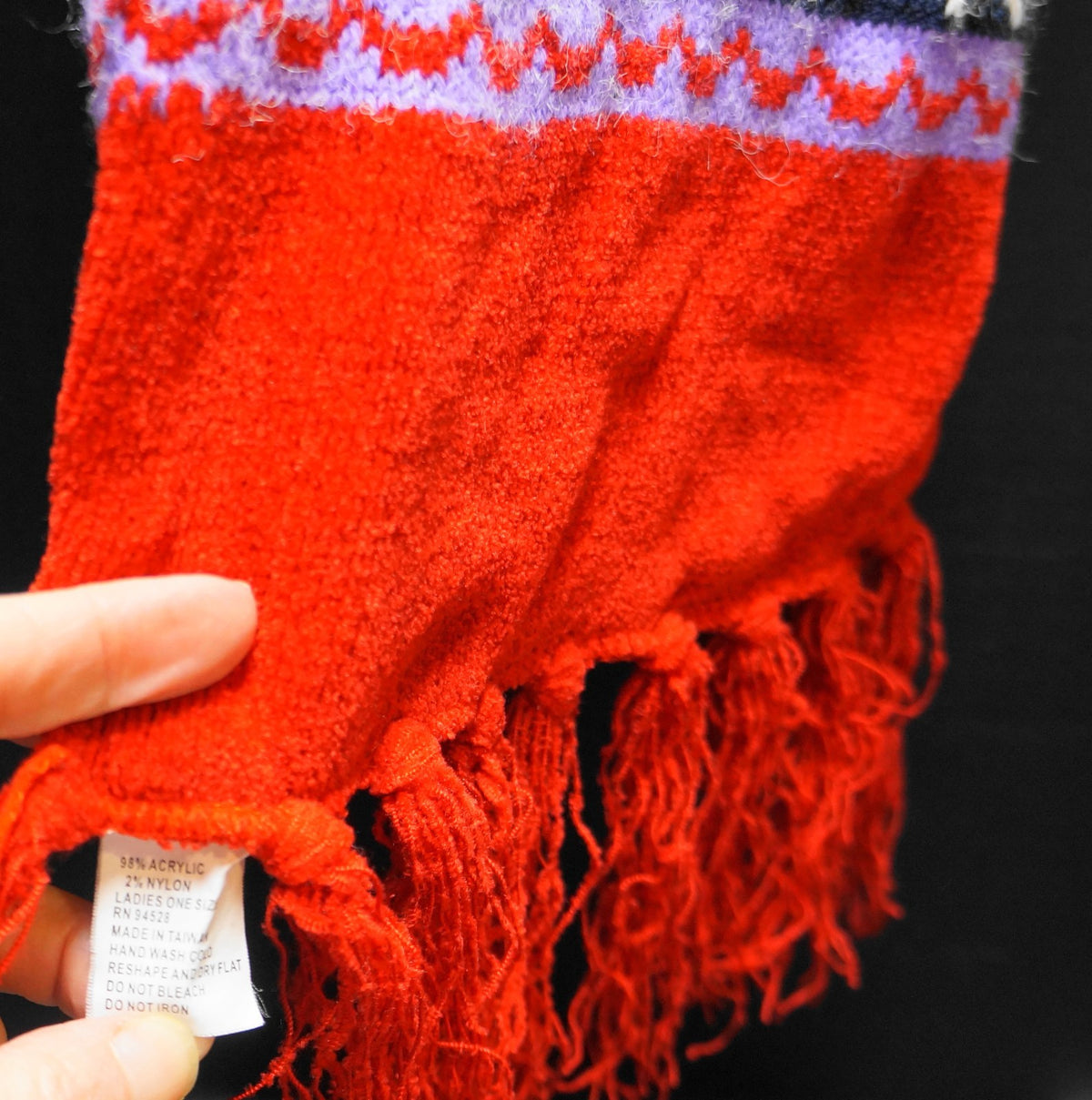 Red Chenille Scarf Snowflake Design Made in Taiwan 62"