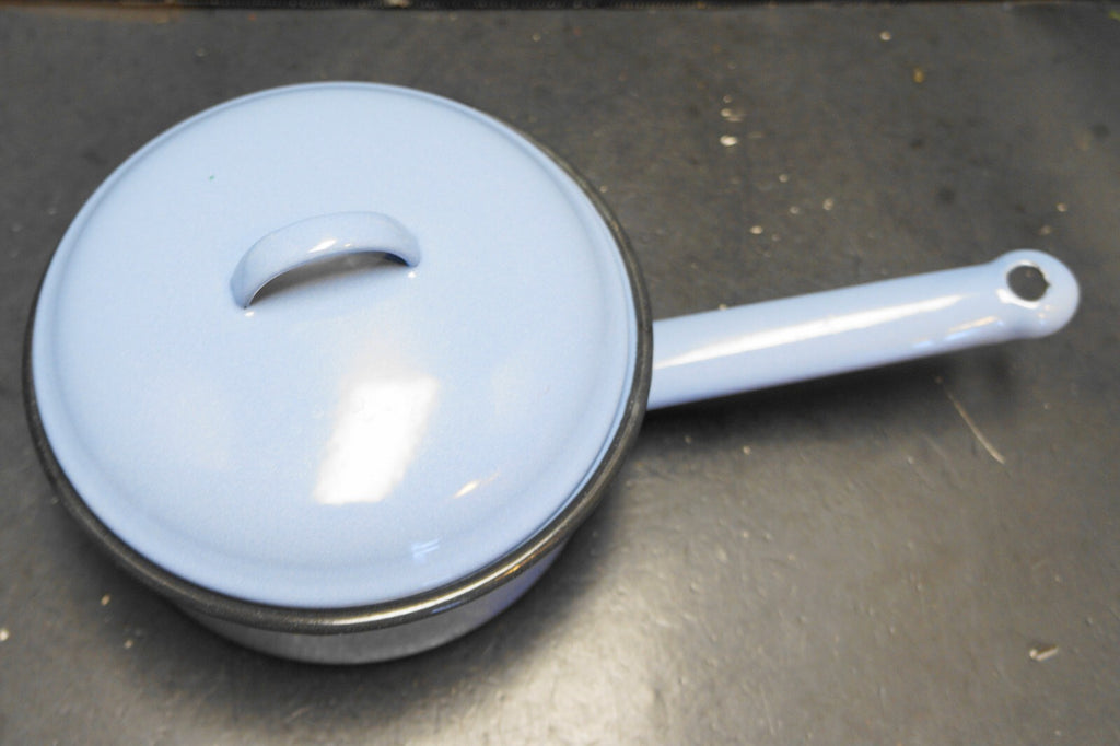 Light Blue Black Trim Enamel Saucepan 1950s