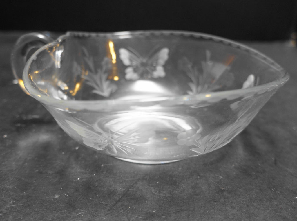 Butterfly Flowers Cut Clear Glass Heart Shaped Nappy Bowl