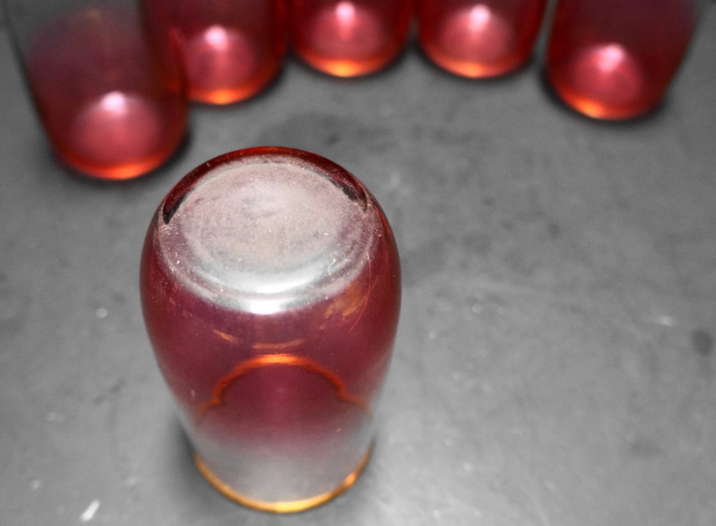 Blendo West Virginia Glass Ruby Red Ombre to Clear Gold Trim Juices Set of 6