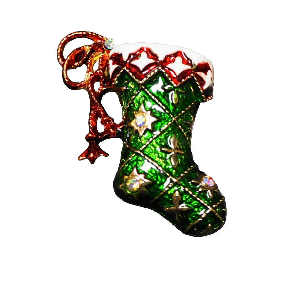 Green Enamel Gold Tone Christmas Stocking Pin