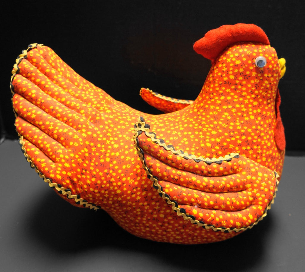 Calico Chicken Folk Art Doorstop Red Yellow Floral Print 1970s