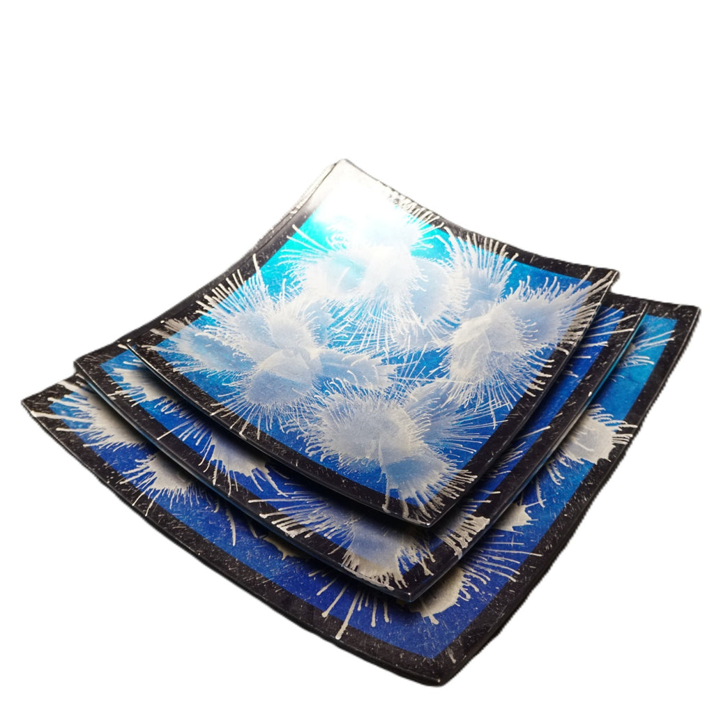 Blue Silver Black Japanese Lacquerware Square Graduated Trio Plates