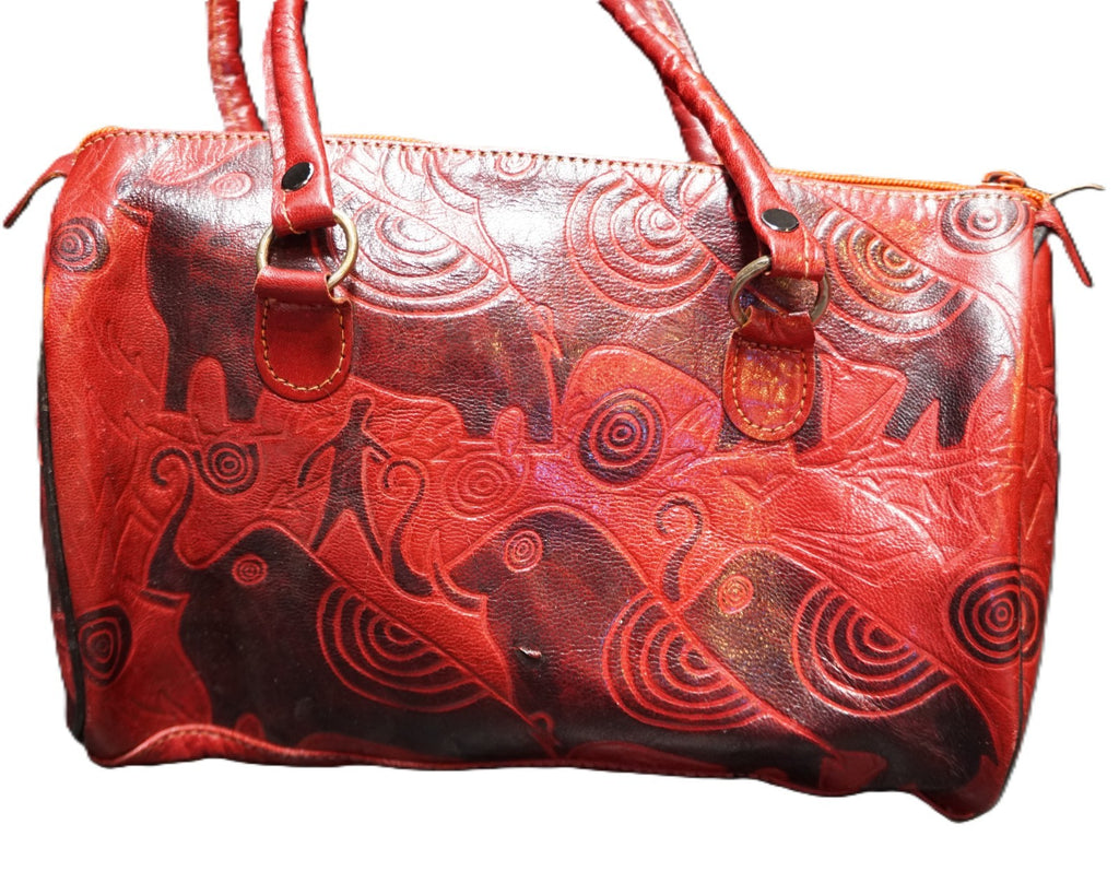 Vintage Elephant Design Tooled Leather Dark Red Satchel Purse Double Handle Made in India