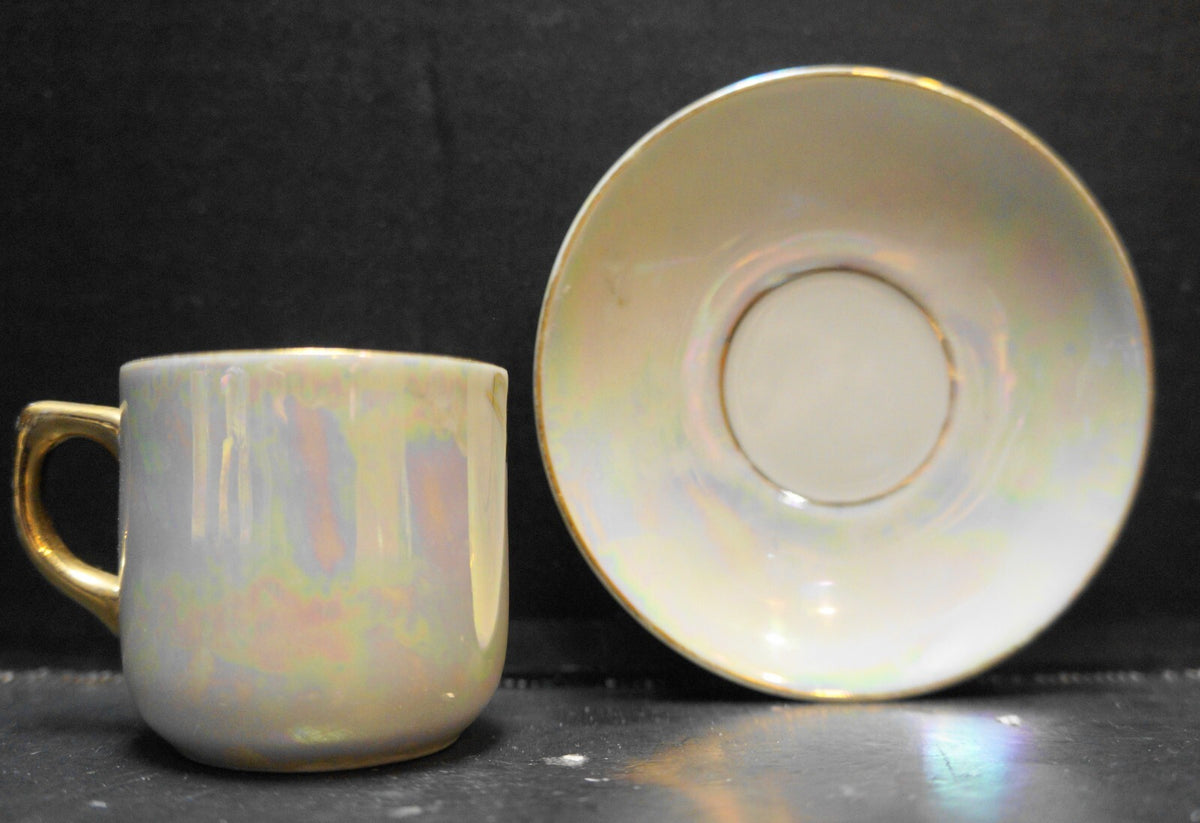 Ardico Germany Lustre Ware Demitasse Cup Saucer Fragonard Scene