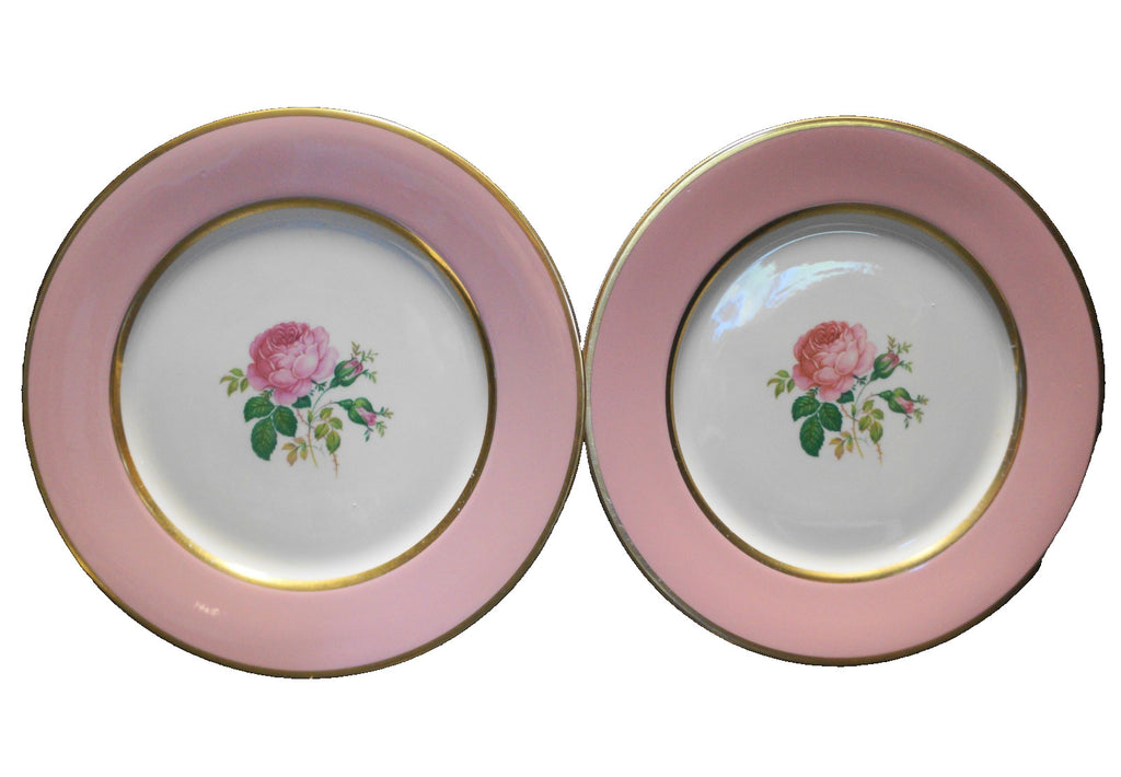 Flintridge Pink Rim Gold Trim Pink Rose FL11 Dinner Plates Pair