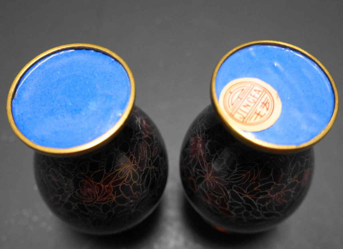 Jingfa Beijing Chinese Cloisonne Enamel on Brass Purple Black Vases Pair Small