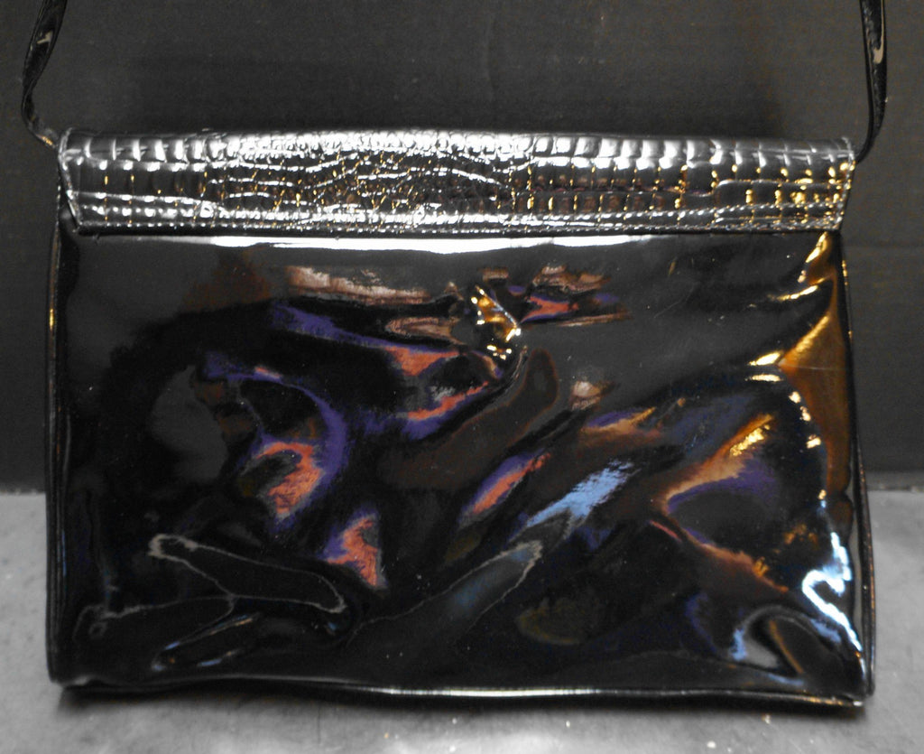 Black Patent Vinyl Moc Croc Envelope Style Purse Shoulder Bag