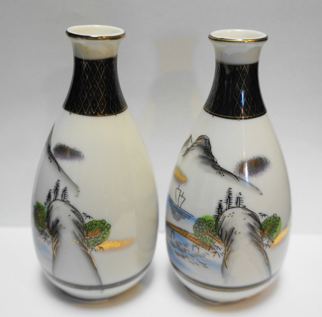 Kutani Japan Sake Bottles Pair Hand Painted Porcelain 1930s