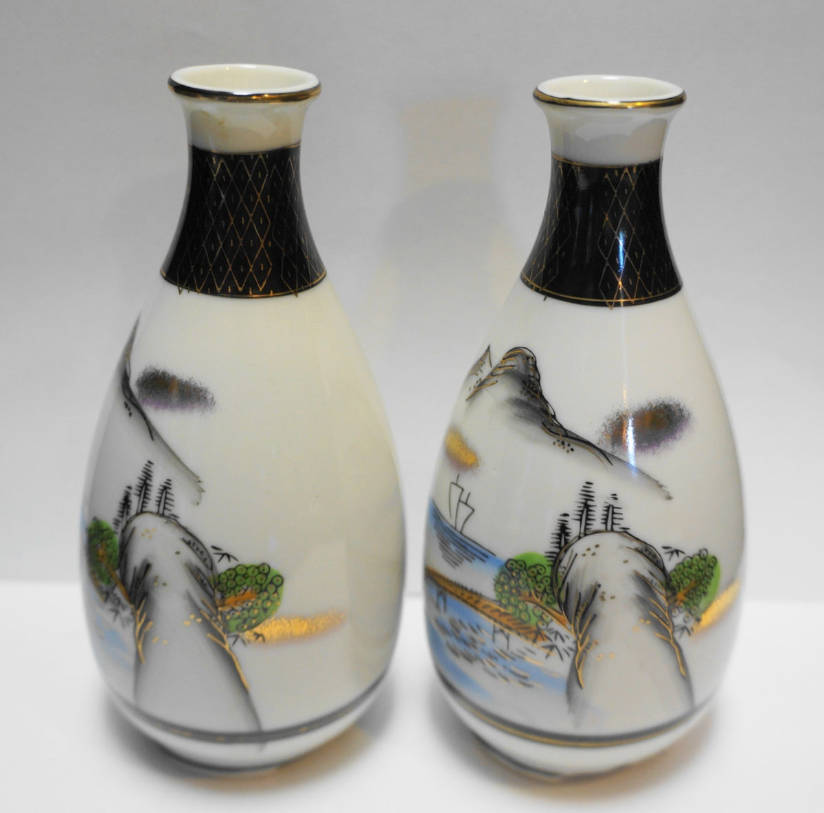 Kutani Japan Sake Bottles Pair Hand Painted Porcelain 1930s