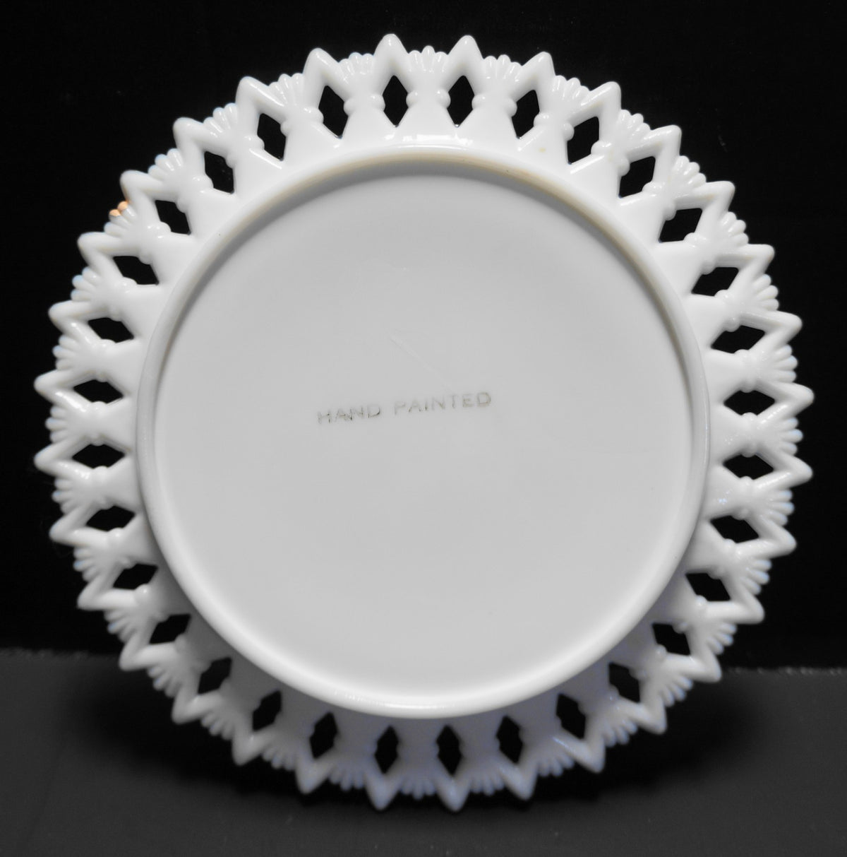 Kemple Sheat of Wheat Lace Edge White Milk Glass Plate Hand Painted Rose
