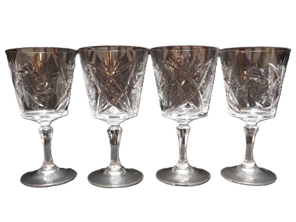 Bohemian Hand Cut Crystal Pinwheel Star Fan Cross White Wines Set of 4