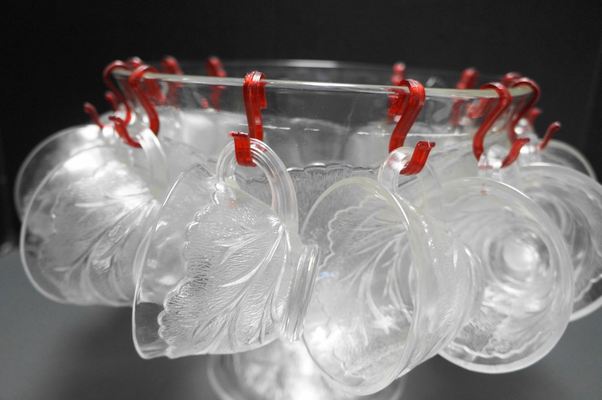 Indiana Glass Pebble Leaf Clear Glass Punch Set Footed Bowl 12 Cups