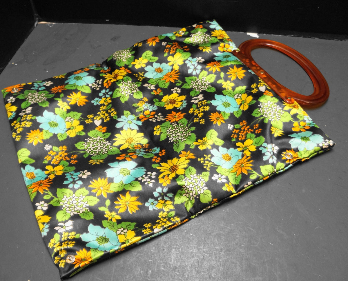 Lady's Pride Satin Floral Folding Tote Bag Clutch 1960s Flower Power Lucite Hand