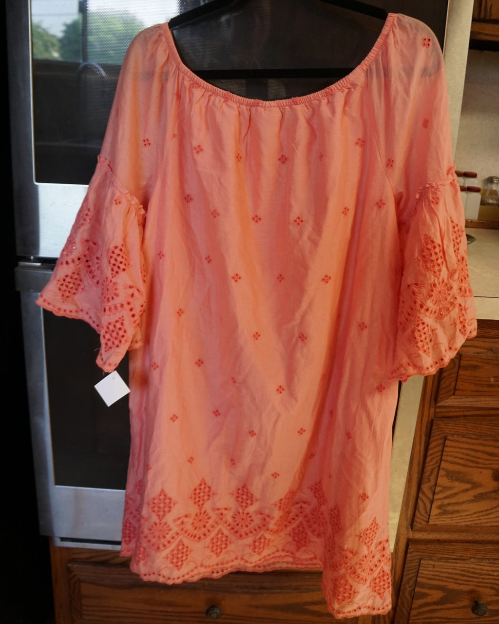St Johns Bay Women Cotton Embroidered Top/dress Large Sugar Coral Bell Sleeves