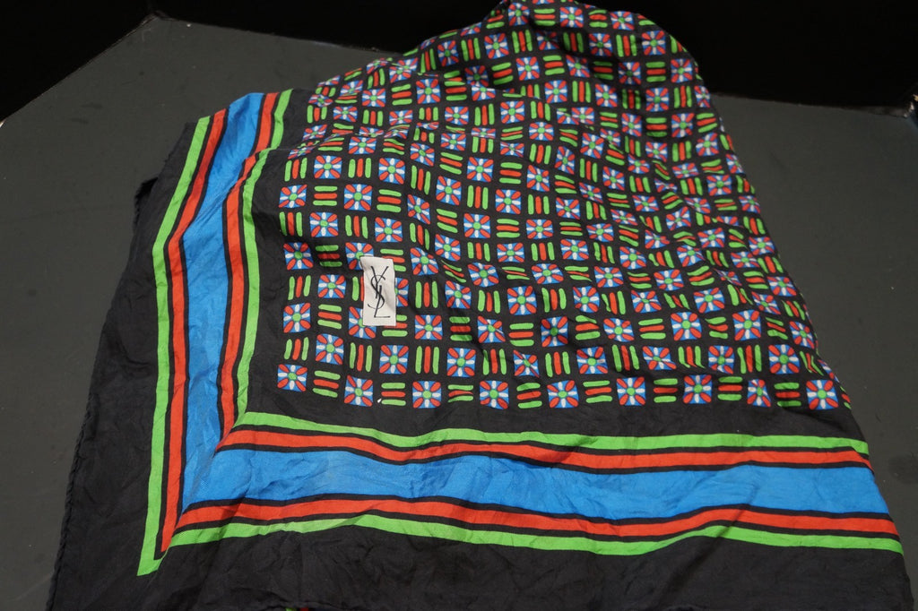 YSL Yves Saint Laurent 1980s Geometric Silk Scarf Black Blue Green Red