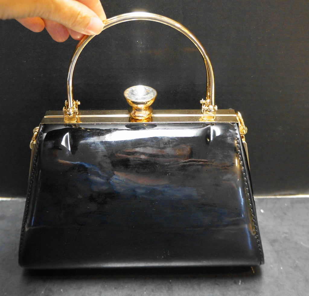 La Terre Fashion Black Patent Vegan Leather Clear Rhinestones Purse Box Style