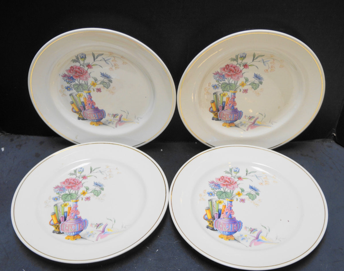 Vintage Asian Motif Vase Flowers Scrolls Decal Dinner Plates Set of 4