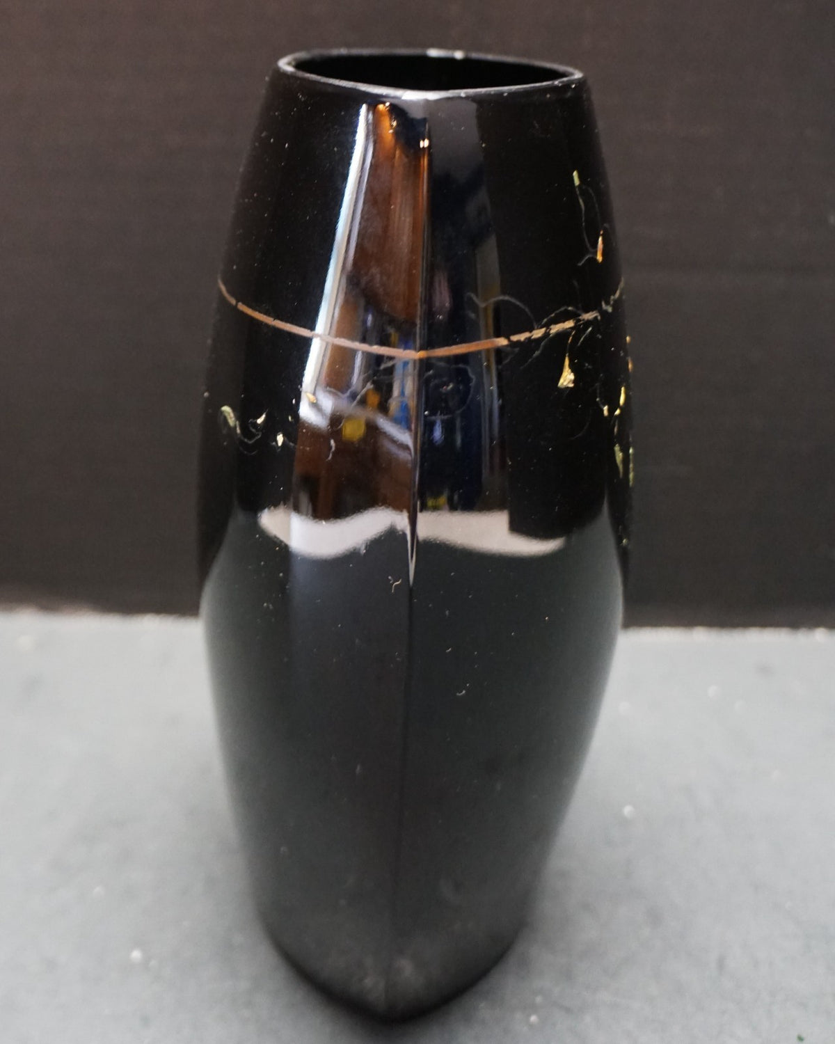 Paden City Black Ebony Glass Pillow Vase Faded Gold Decoration