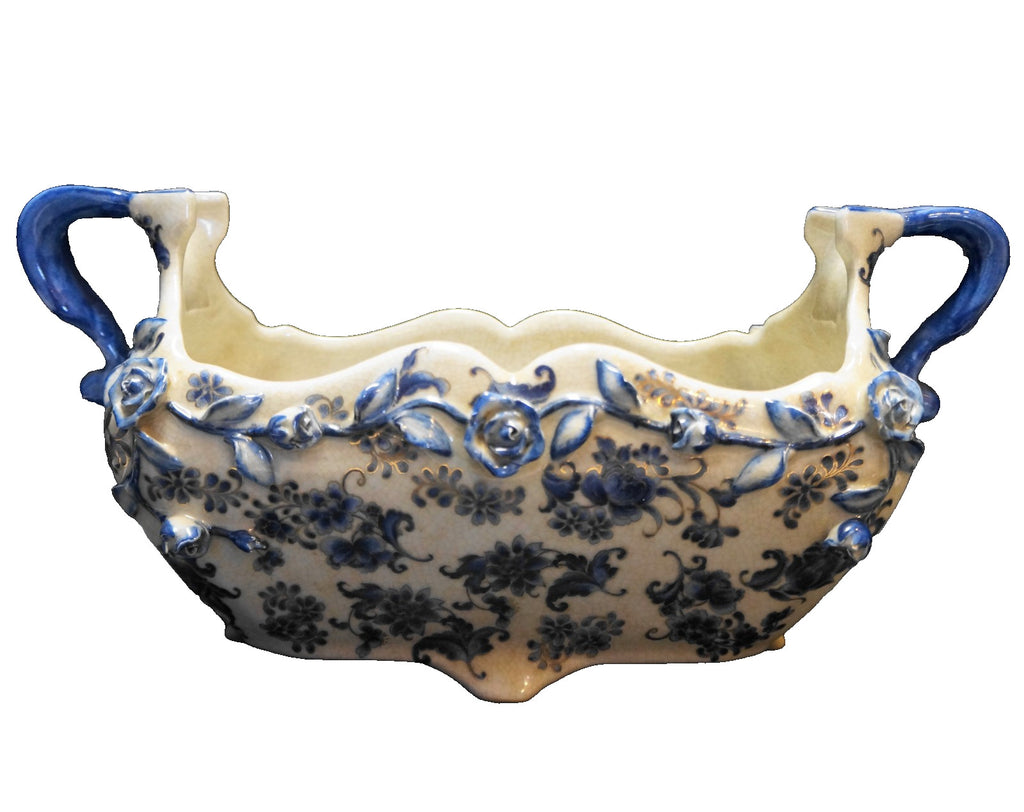 Blue White Rectangle Planter Embossed Flowers Crackle Glaze China