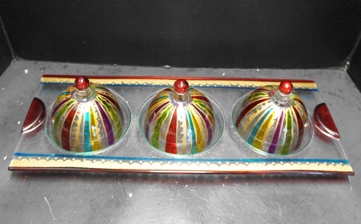 Pier 1 Imports Festive Stripe Condiment Set Hand Painted Glass NIB 2010