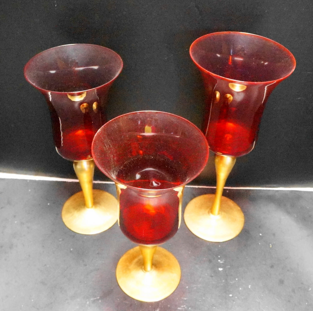 Ruby Red Glass Gold Painted Stems Candle Holders Trio Large Goblet Style
