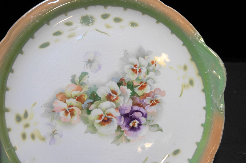 Lustreware Trim Pansy Pansies Decal Decorated Tab Handled Cake Plate