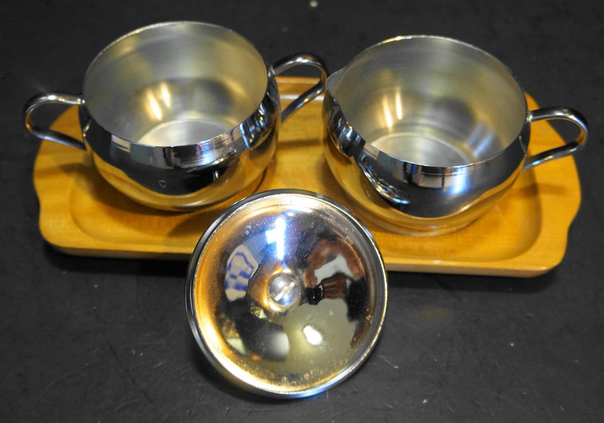 Milbern Creations Chrome Cream Sugar Wooden Tray Midcentury Modern