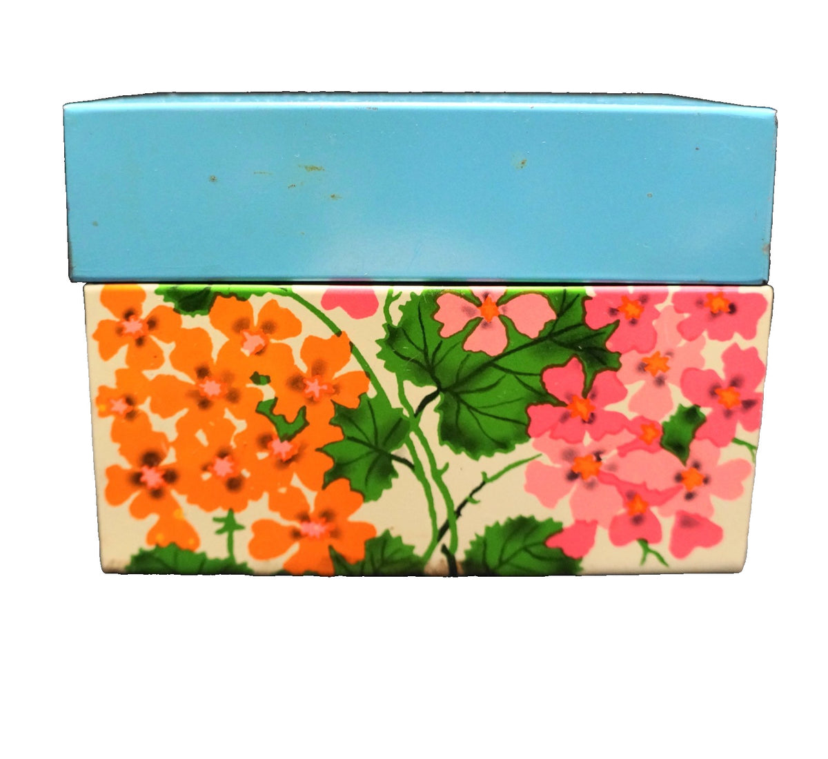 Ohio Art Recipe Box Sky Blue Lid Pink Orange Flowers