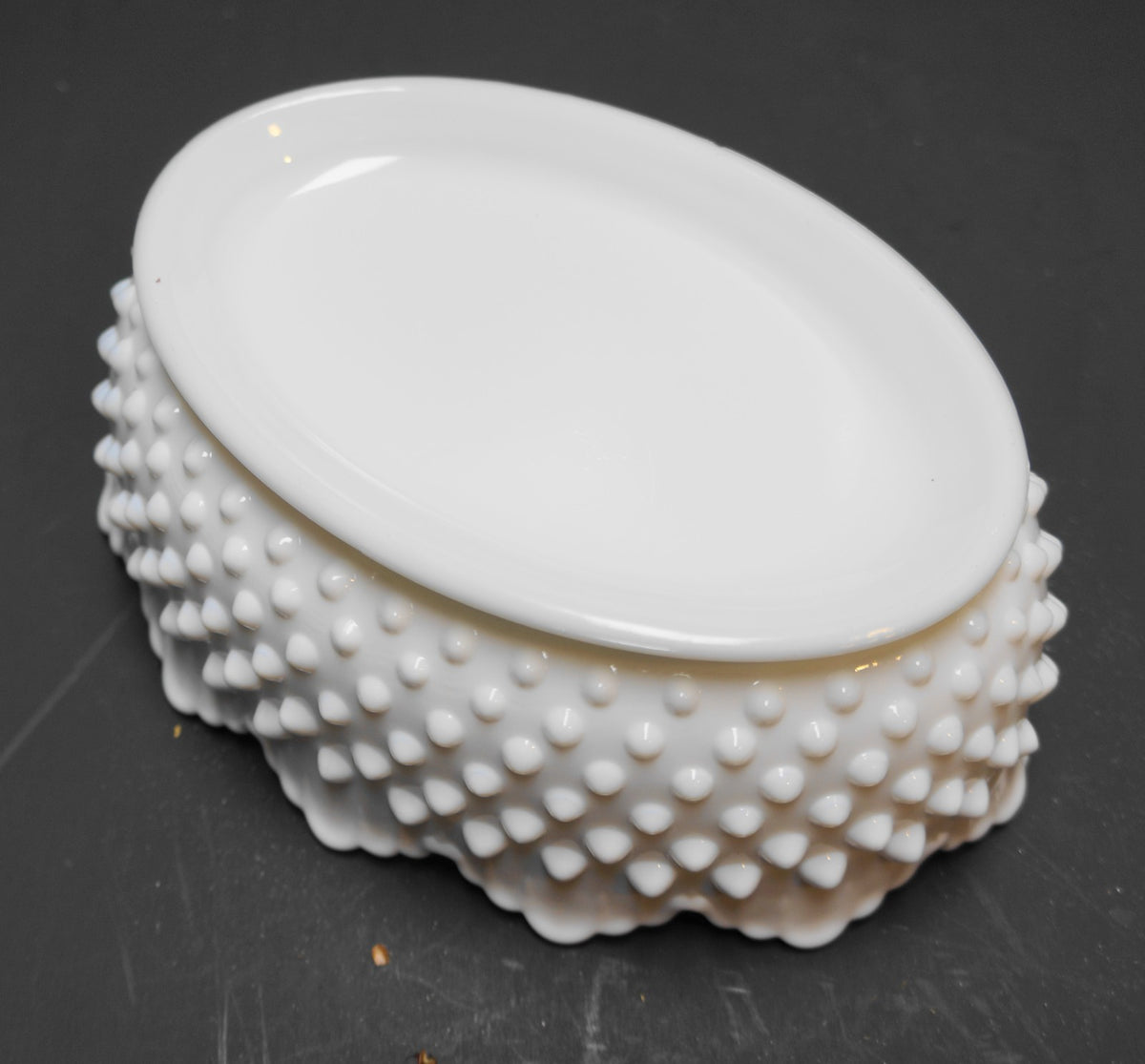 Fenton Hobnail Milk Glass 8" Oval Flat Foot Bowl 3625