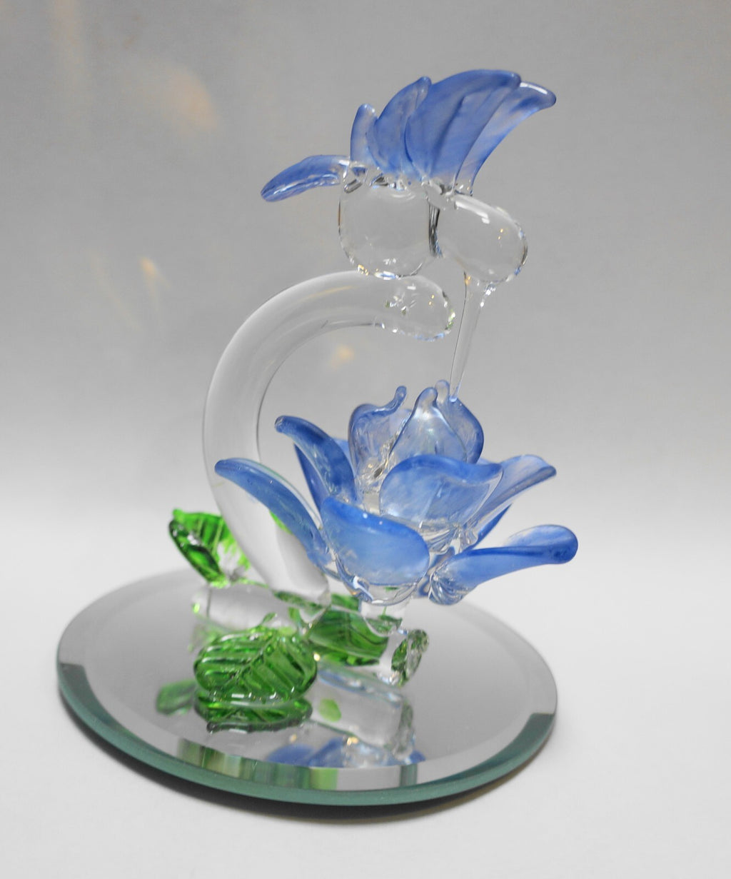 Vintage Blown Art Glass Hummingbird Blue Frosted Flower Figurine on Mirror Base
