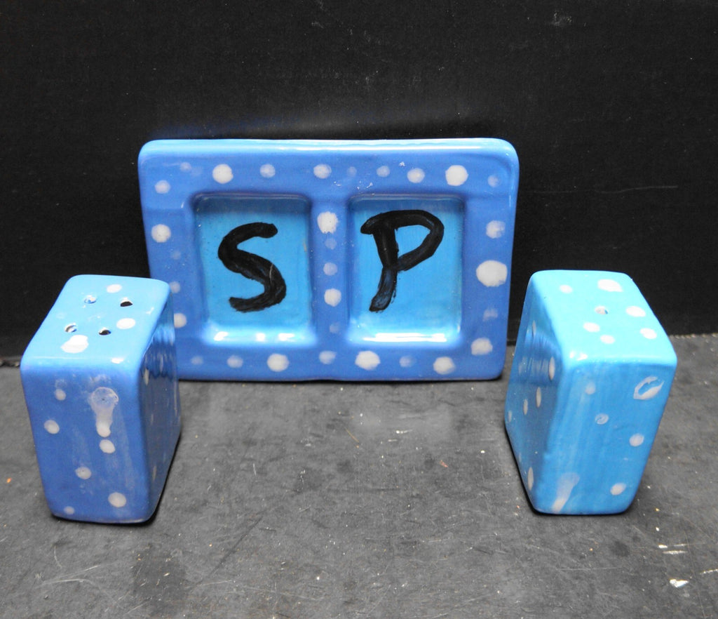 Hand Painted Blue White Dots Salt Pepper Shakers Tray Ceramic