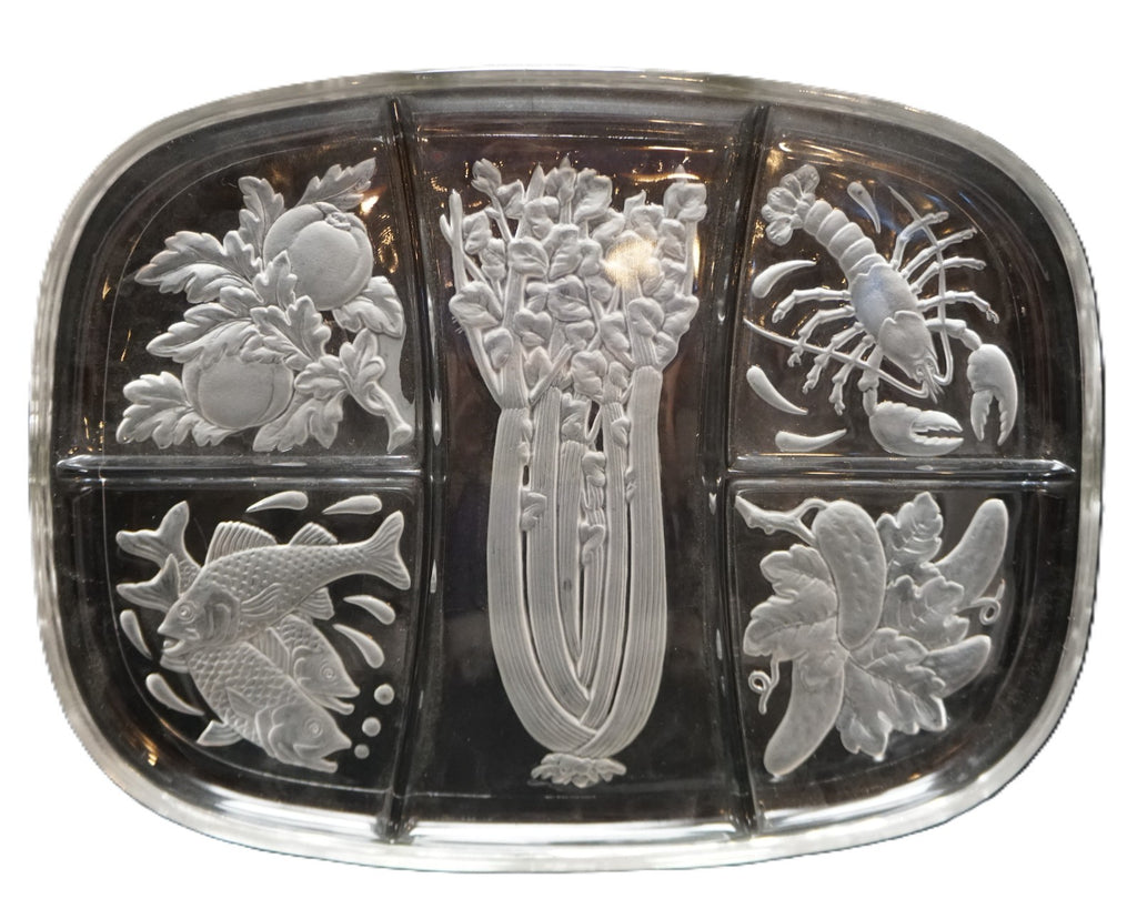 Frosted Cut Intaglio Celery Lobster Fish Pickles Divided Relish Tray 15 x 11