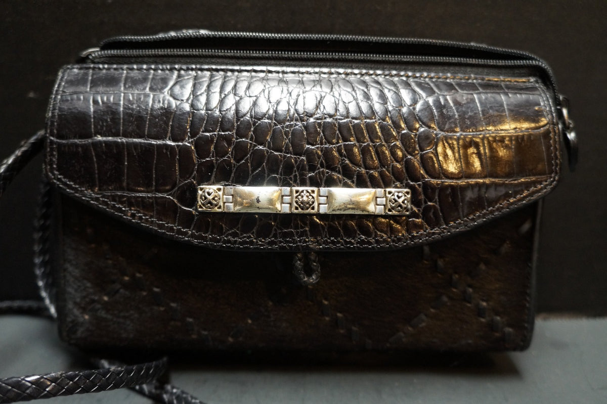 Brighton Black Leather Cowhide Braided Strap Crossbody Organizer Wallet Purse