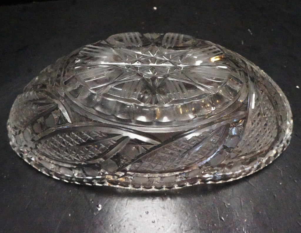 Cut Crystal Oval Gondola Relish Bowl Crosshatch Button Curves Frosted