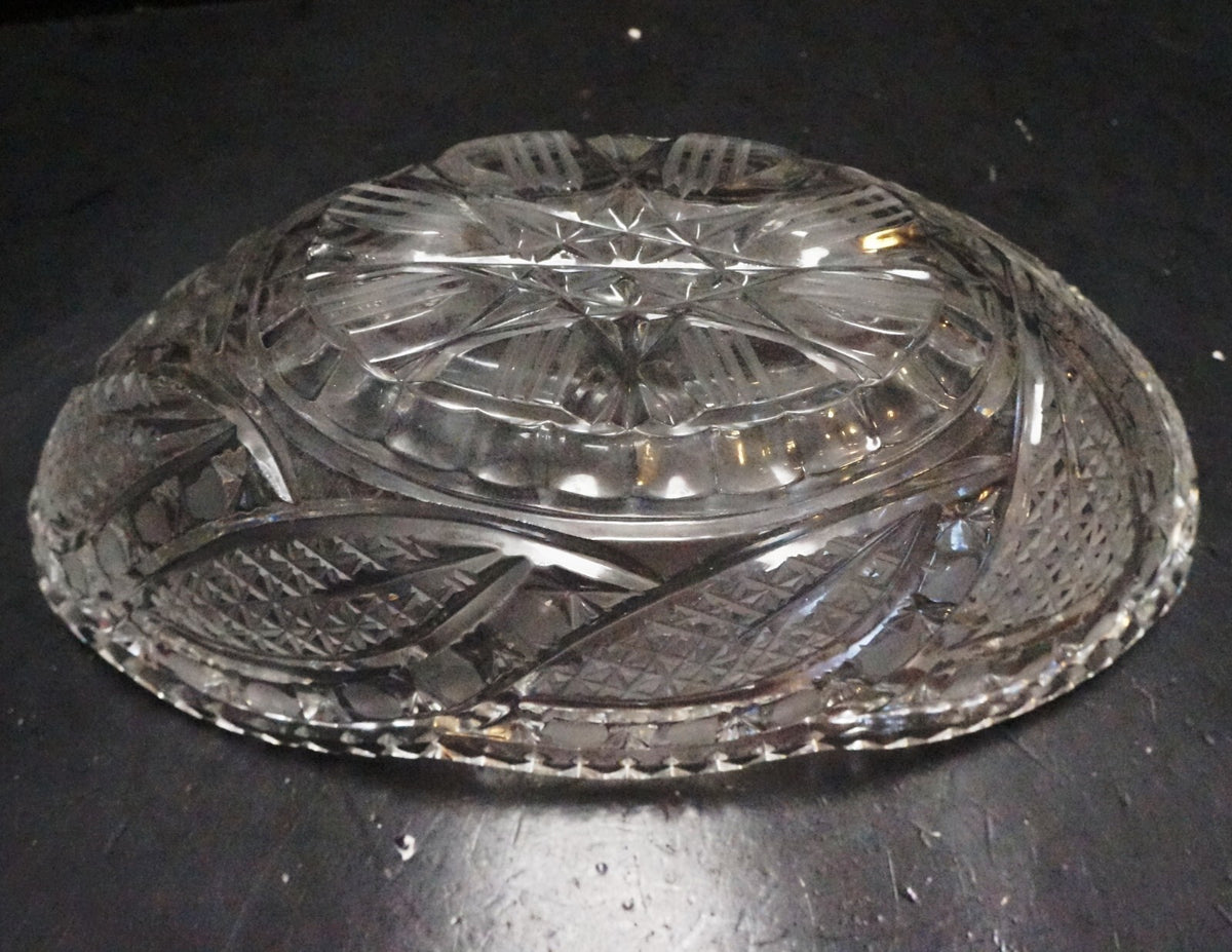 Cut Crystal Oval Gondola Relish Bowl Crosshatch Button Curves Frosted
