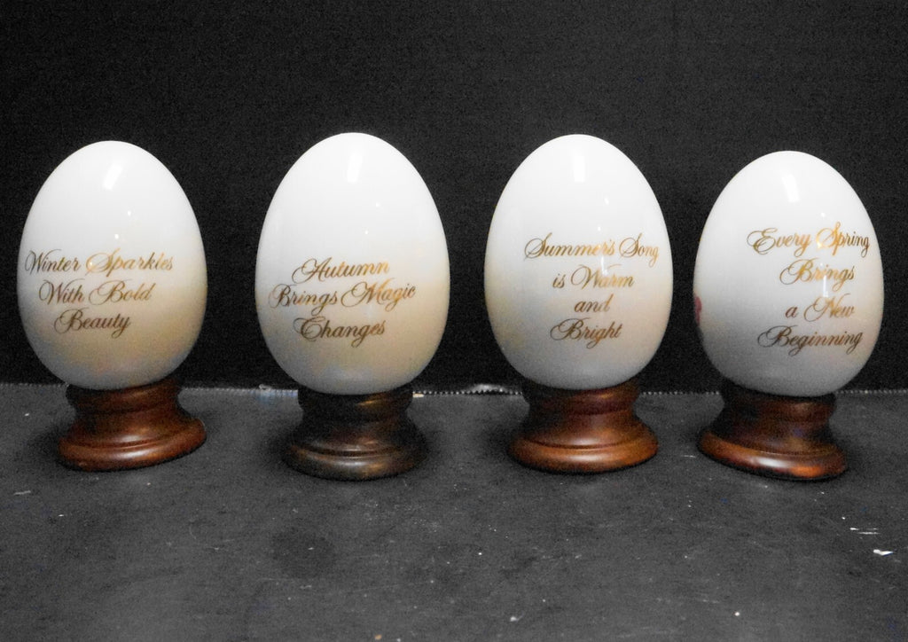 Avon Four Seasons Porcelain Eggs Birds Wooden Stands 1984
