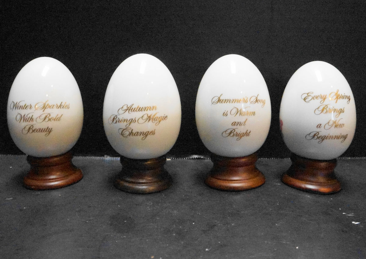 Avon Four Seasons Porcelain Eggs Birds Wooden Stands 1984