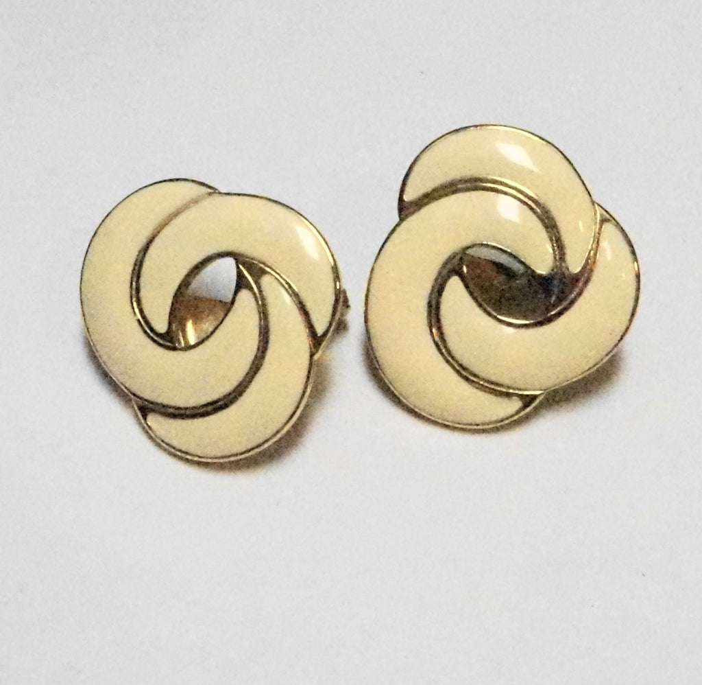 Monet Cream Enamel Gold Tone Eternity Swirl Clip Earrings