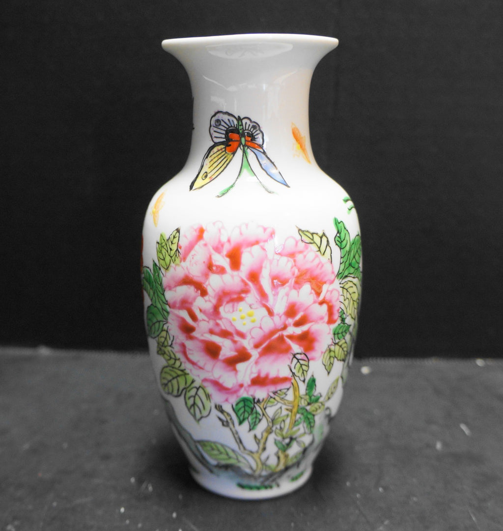Oriental Objets D'Art Hand Painted Vase Porcelain Flowers Butterfly Macau