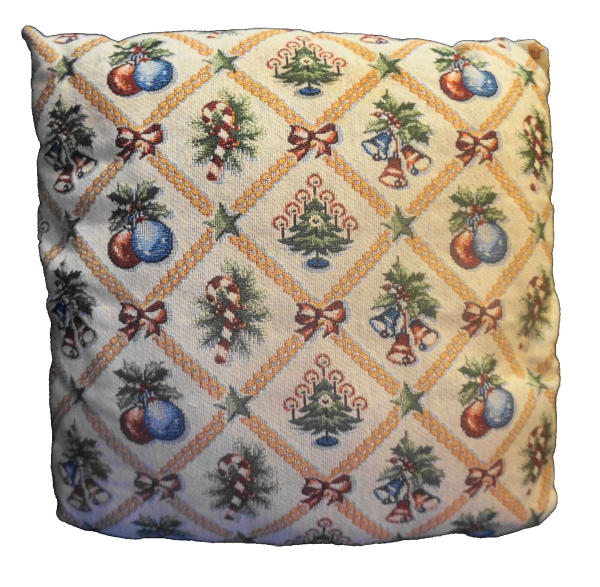 Christmas Pillow Ornaments Tree Bells Candy Canes Diamond Windowpane Tapestry