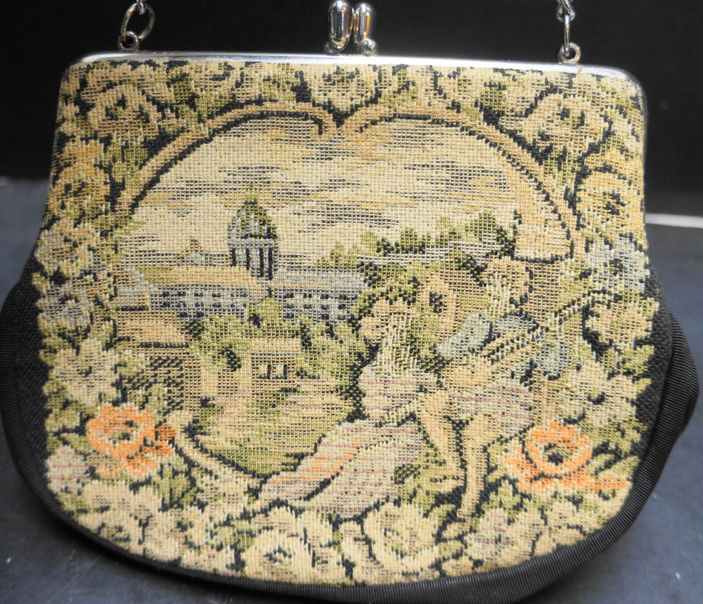 Verdi Petit Point Woven Tapestry Purse City Scene Floral Border Lute Player