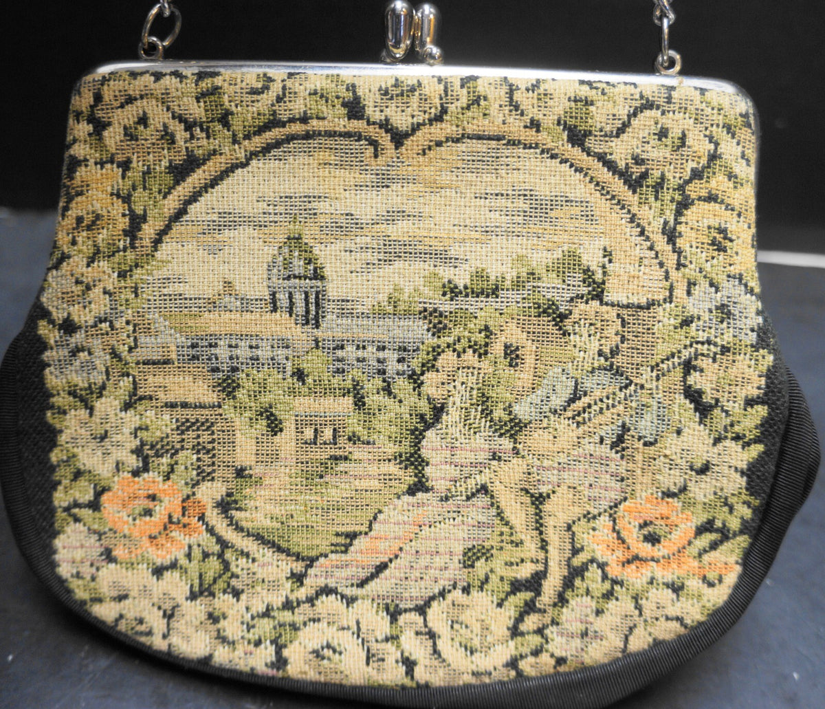 Verdi Petit Point Woven Tapestry Purse City Scene Floral Border Lute Player