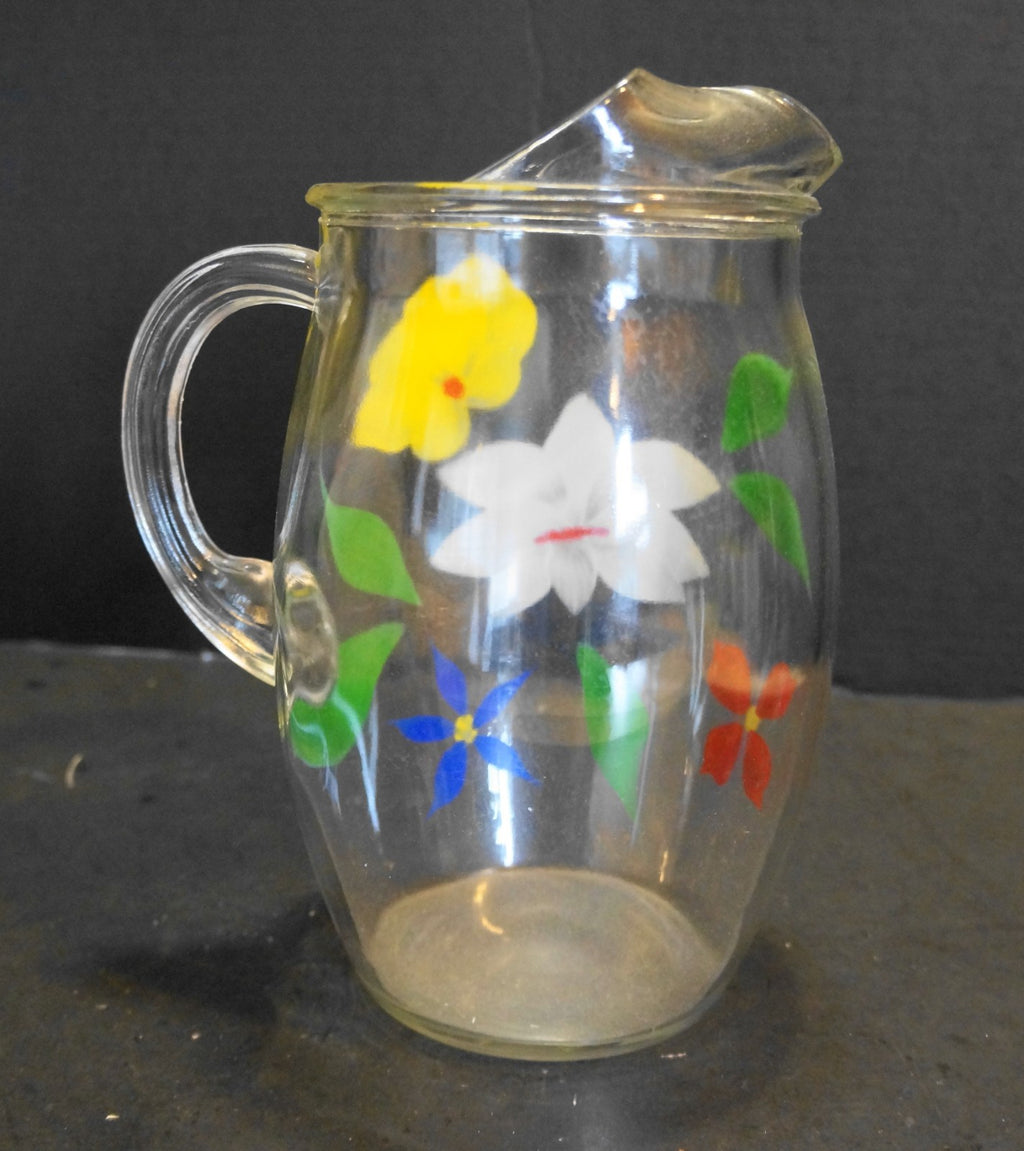 Bartlett Collins Gay Fad Flowers Floral Hand Painted Clear Pitcher Ice Lip 9 IN