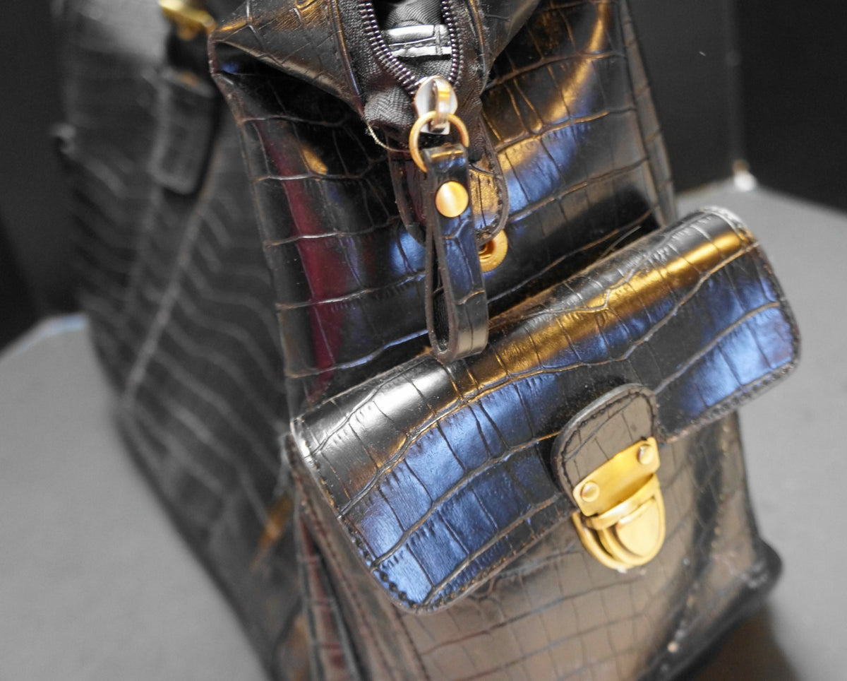 Bueno Black Moc Croc Vegan Faux Leather Duffle Overnight Carryon Bag